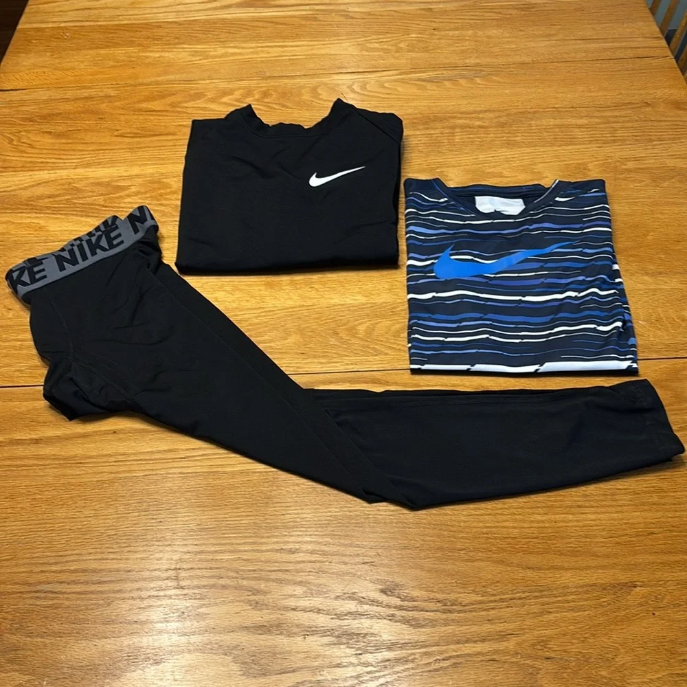 Three piece Boys Nike Black Tights with Black Sweatshirt & Blue Striped Top - Picture 2 of 11